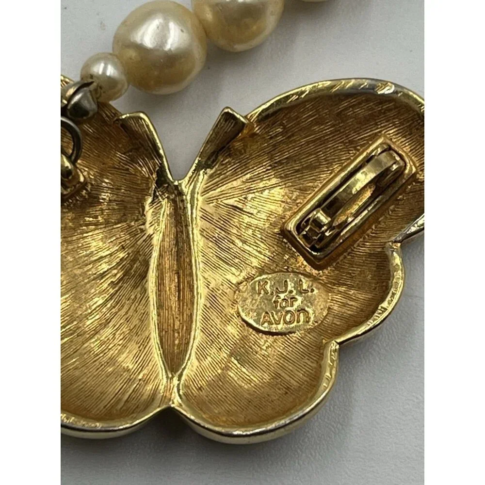 VINTAGE Kenneth Jay Lane KJL for Avon Pearl Enamel Crystal Butterfly Necklace - Picture 12 of 16
